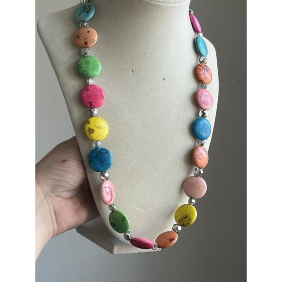 Dyed Round Howlite Beaded Necklace Rainbow Pink Yellow Faceted Glass 20” - Picture 1 of 5